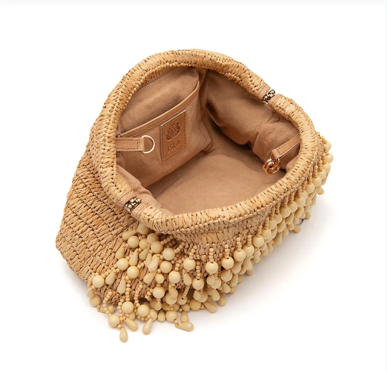 BOLSA POUCH CAPRI RÁFIA COM CONTAS AREIA
