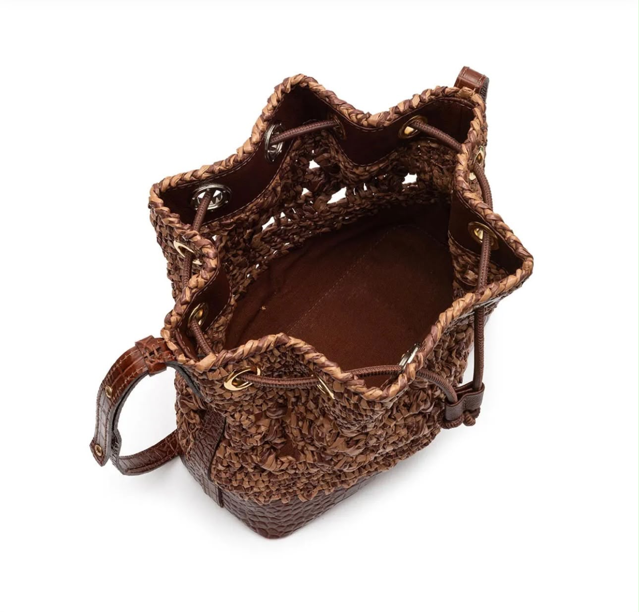 BUCKET CAMELLIA MELANGE BROWN LEATHER RAFFIA MILK