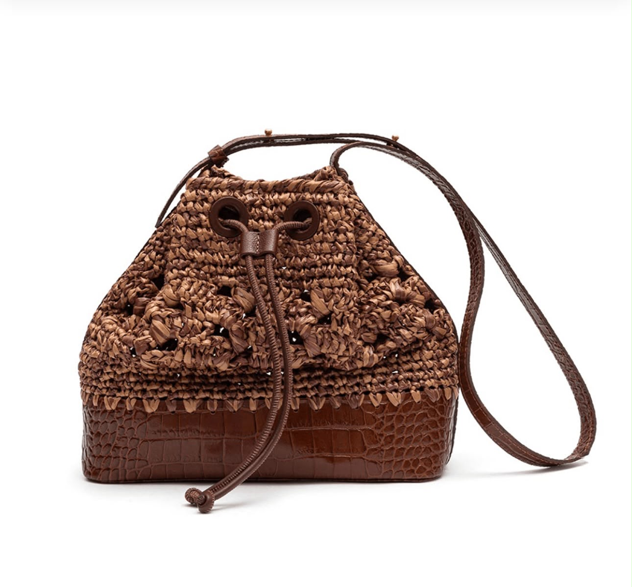 BUCKET CAMELLIA MELANGE BROWN LEATHER RAFFIA MILK