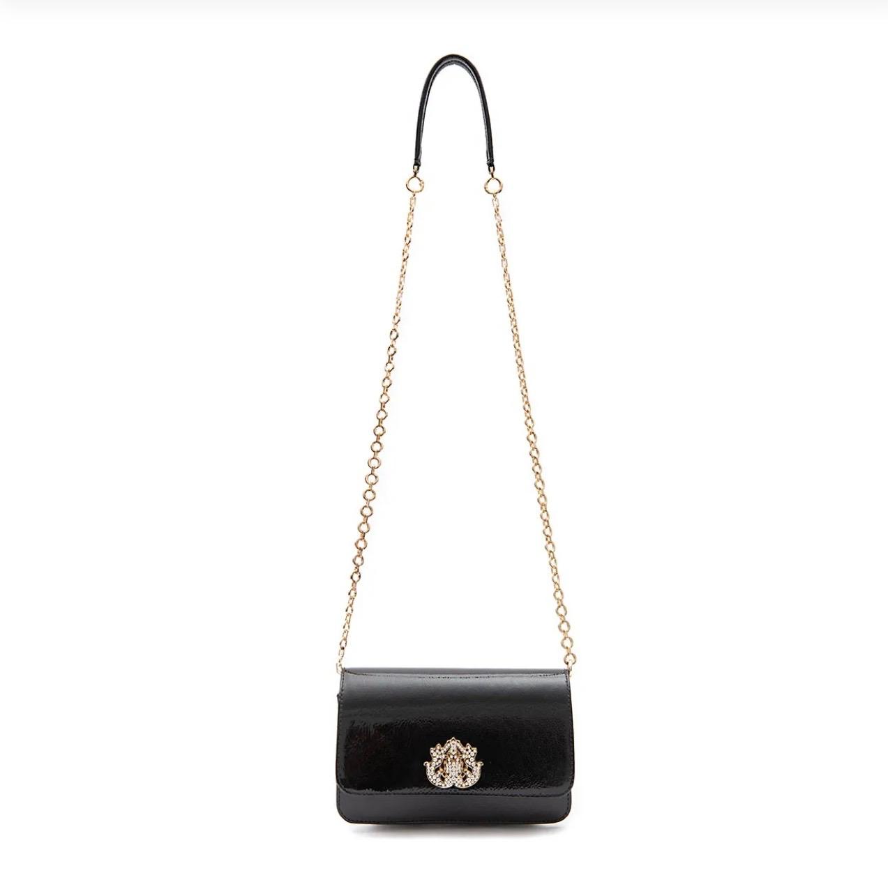 CARTEIRA FOREVER IN LOVE COURO GLOSS PRETO COM FECHO CRISTAL/OURO