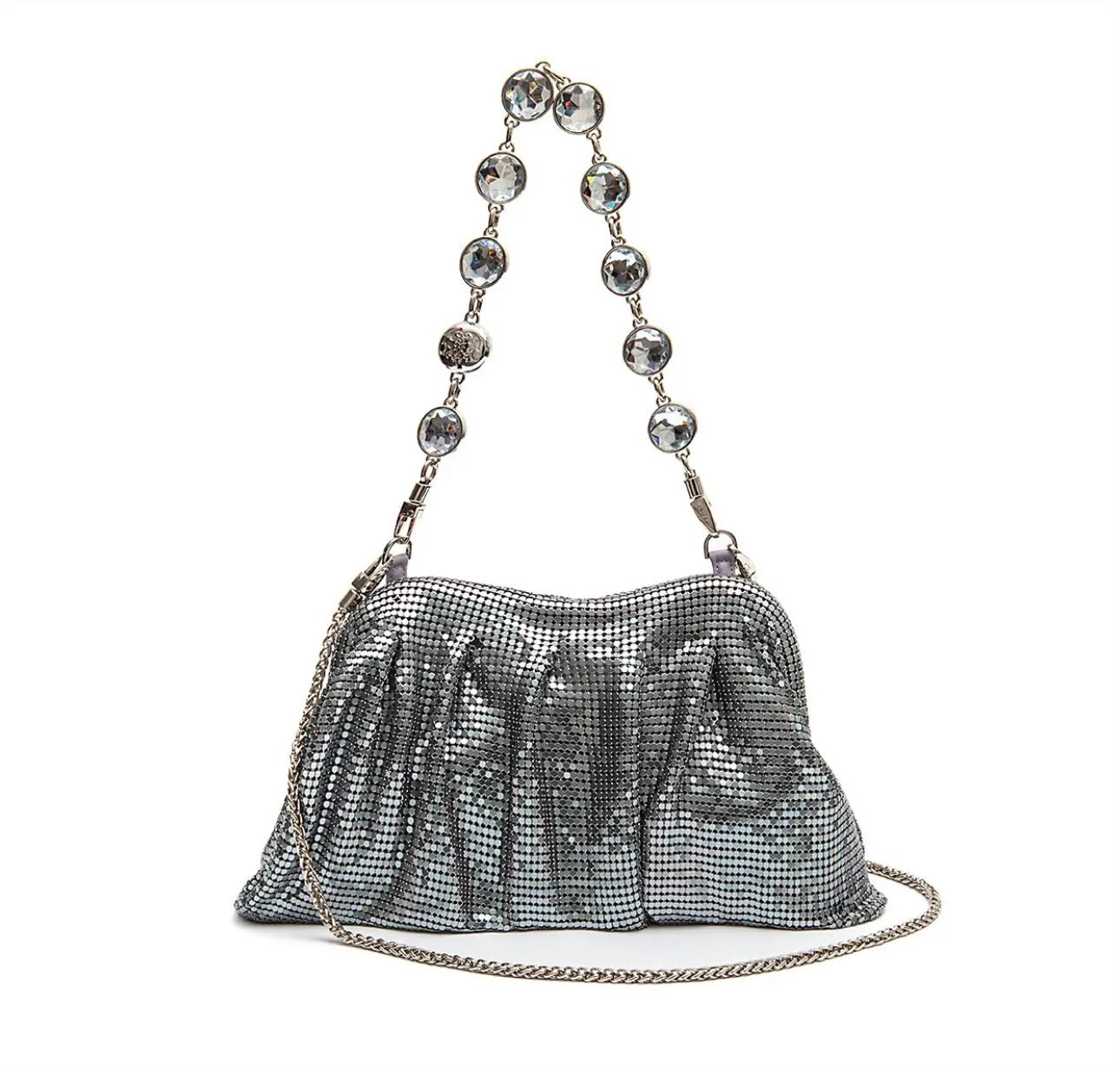 SILVER METAL MESH SHOULDER POUCH WITH CRYSTALS