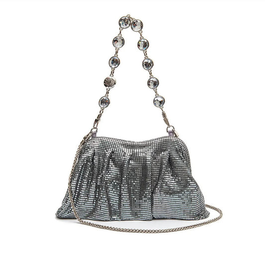 SILVER METAL MESH SHOULDER POUCH WITH CRYSTALS
