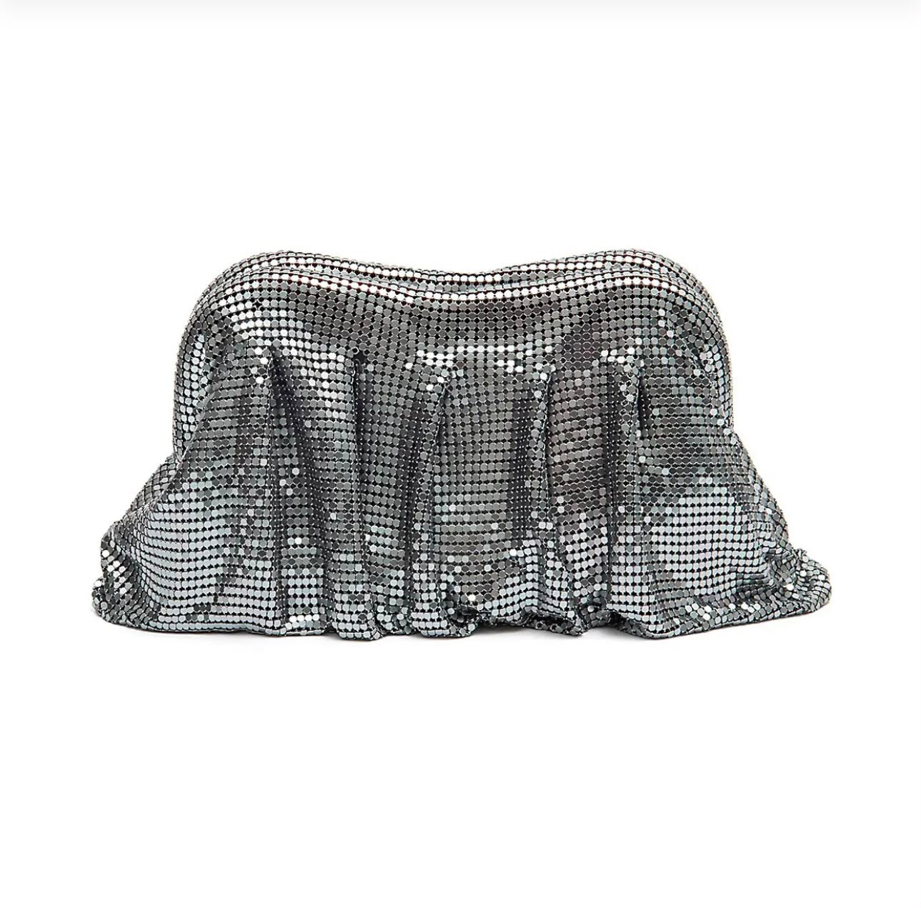 SILVER METAL MESH SHOULDER POUCH WITH CRYSTALS