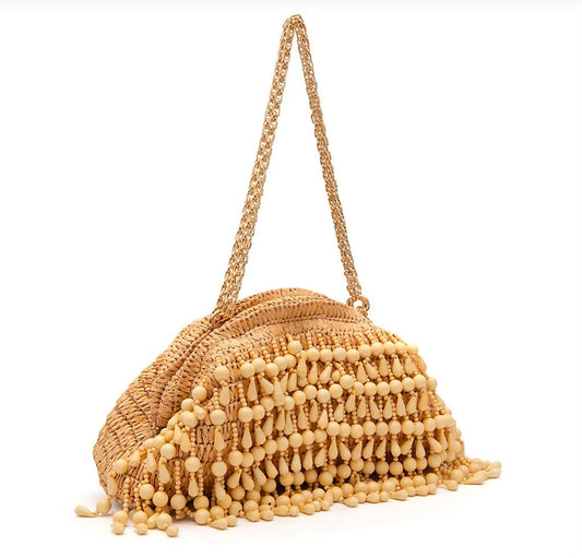 BOLSA POUCH CAPRI RÁFIA COM CONTAS AREIA
