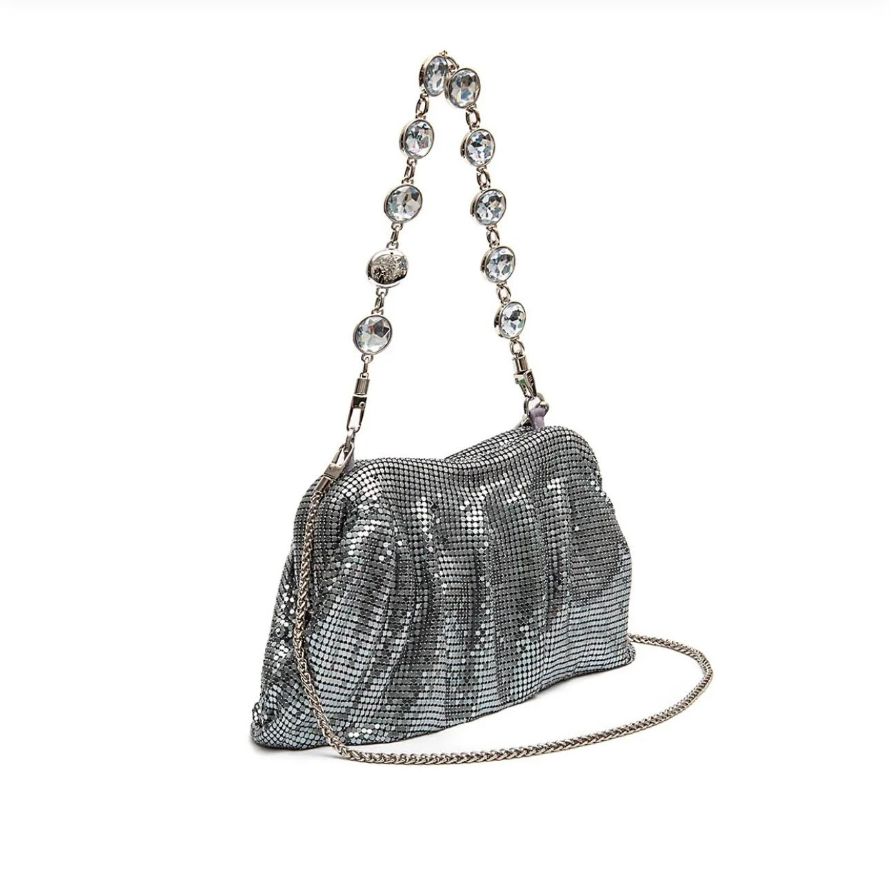 SILVER METAL MESH SHOULDER POUCH WITH CRYSTALS