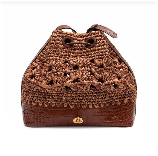 BUCKET CAMELLIA MELANGE BROWN LEATHER RAFFIA MILK