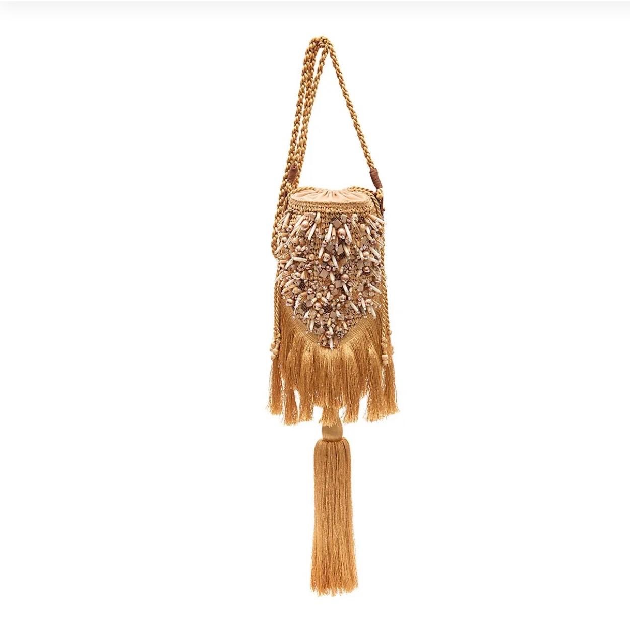 BOLSA BUCKET CROSSBODY RÁFIA AREIA OURO