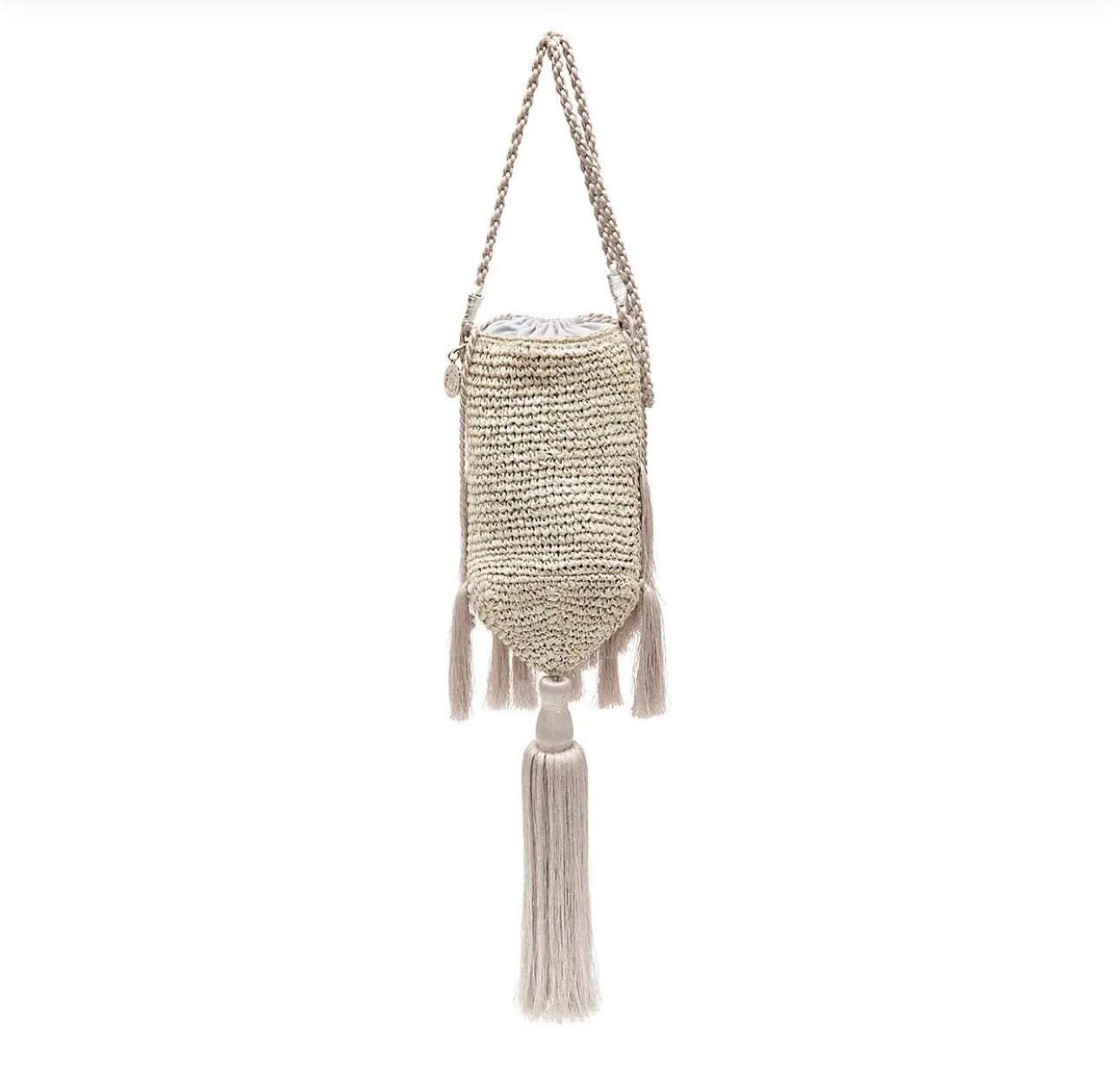 BOLSA BUCKET CROSSBODY RÁFIA AREIA PRATA