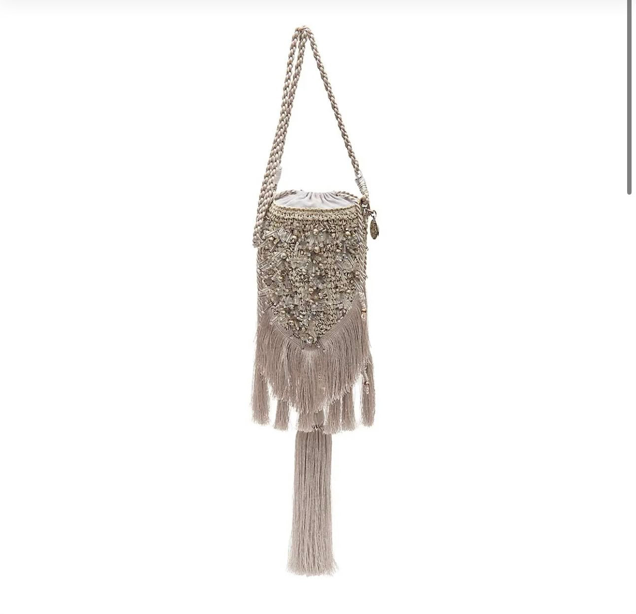 BOLSA BUCKET CROSSBODY RÁFIA AREIA PRATA