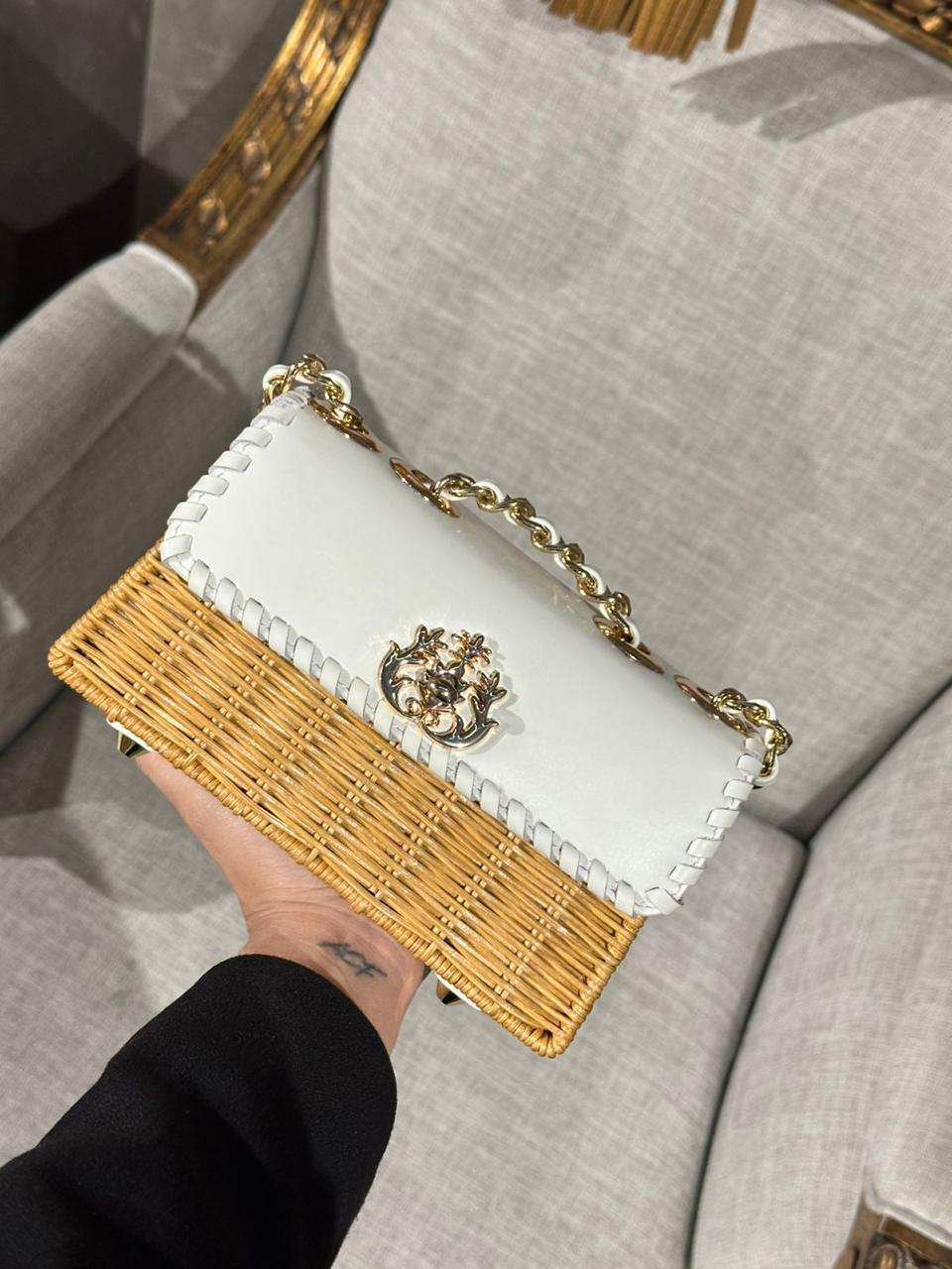 SELENE SATCHEL RATTAN WHITE LEATHER